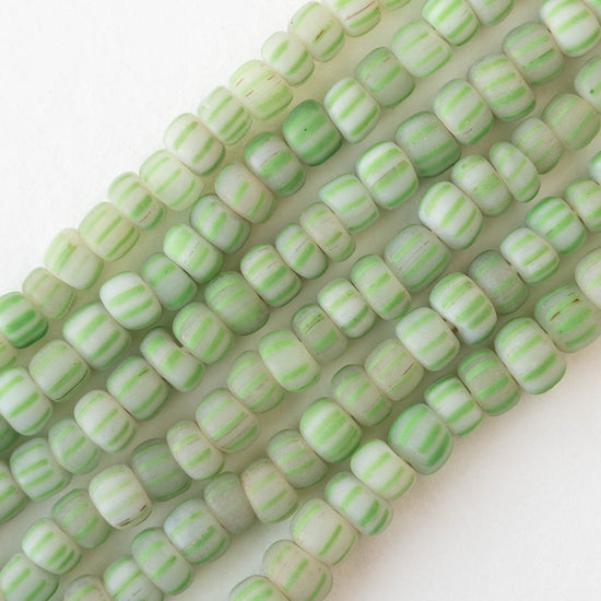 Glass Java Beads - Opaque White with Green Stripes - Whole or Half Strand