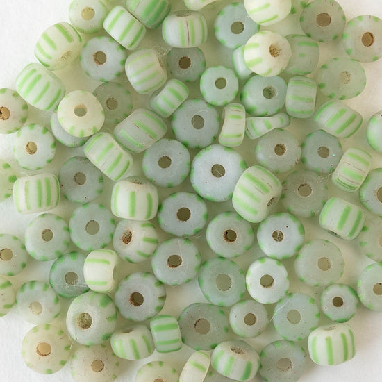 Glass Java Beads - Opaque White with Green Stripes - Whole or Half Strand