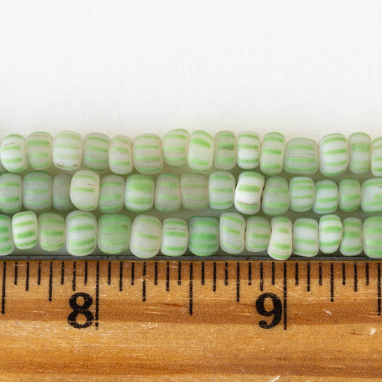 Glass Java Beads - Opaque White with Green Stripes - Whole or Half Strand