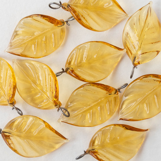 Handmade Glass Leaf Beads - Light Yellow - 2 leaves
