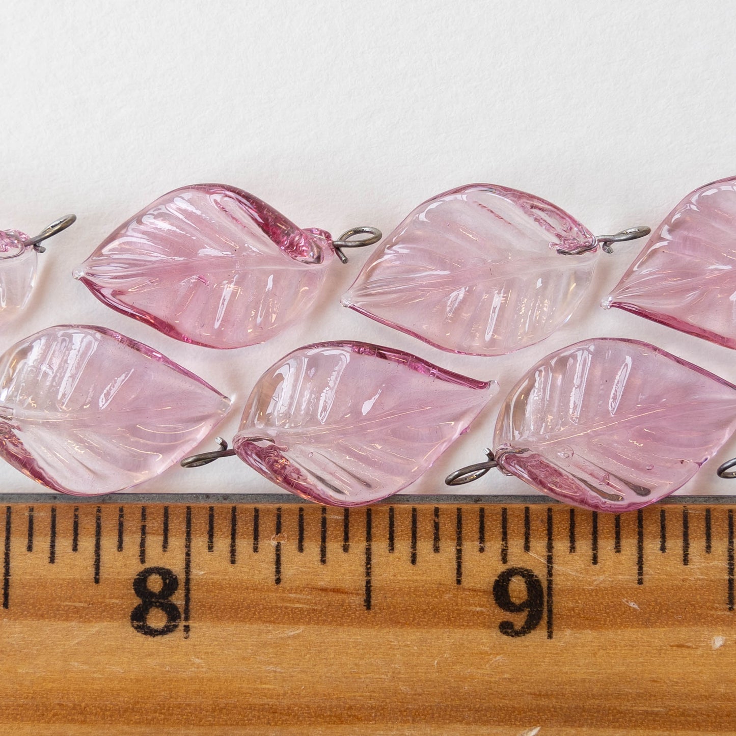 Handmade Glass Leaf Beads - Pink - 2 leaves