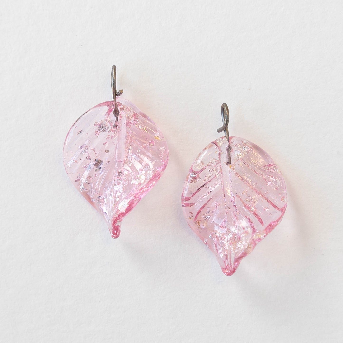 Handmade Glass Leaf Beads - Pink with Silver Dust - 2 leaves