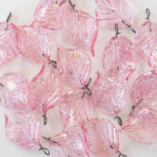 Handmade Glass Leaf Beads - Pink with Silver Dust - 2 leaves