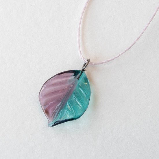 Handmade Glass Leaf Beads - Teal Purple MIx - 2 leaves
