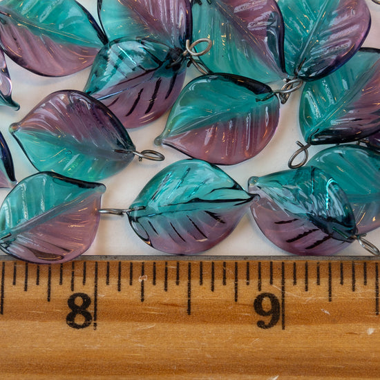 Handmade Glass Leaf Beads - Teal Purple MIx - 2 leaves