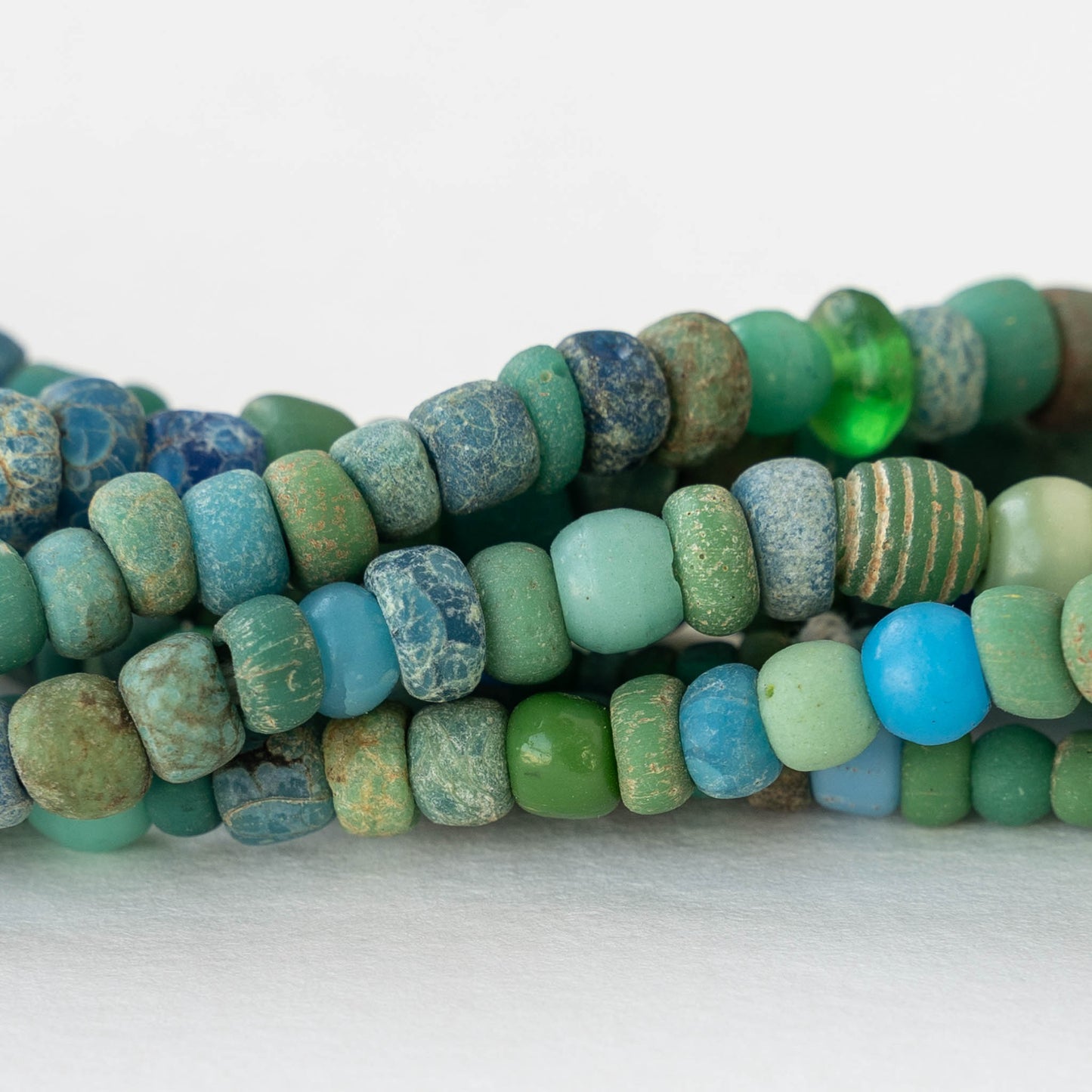Ancient Djenne Glass Trade Beads - Turquoise Greens - 24 inch Strands