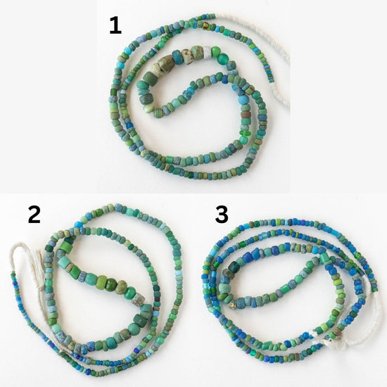 Ancient Djenne Glass Trade Beads - Turquoise Greens - 24 inch Strands