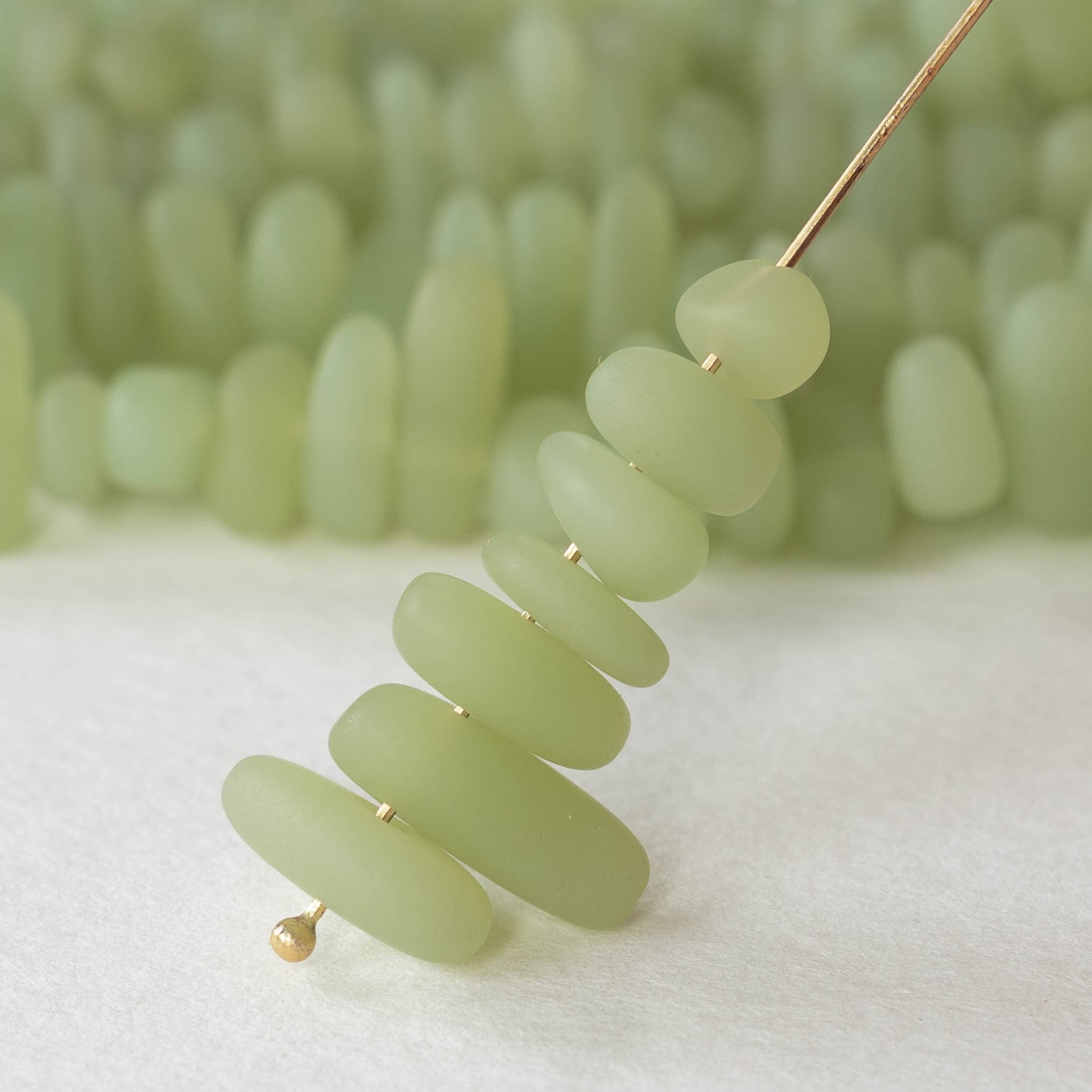 8-13mm Frosted Glass Pebbles - Opaque Light Olive Green ~ 50 Beads