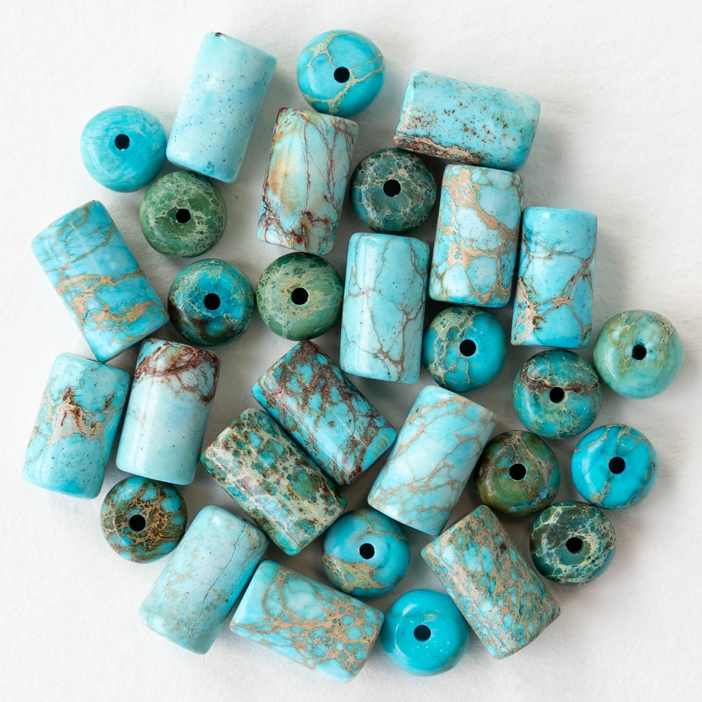 Impression Jasper Tube and Rondelle Bead Mix - Turquoise - 28 Beads