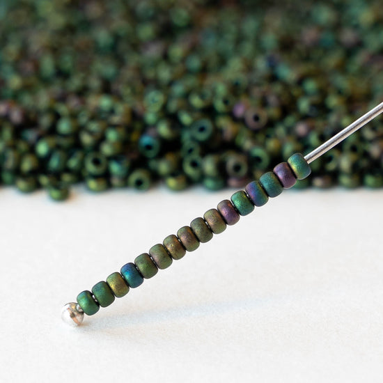 11/0 Glass Seed Beads - Opaque Matte Dark Green Iris - 10 grams