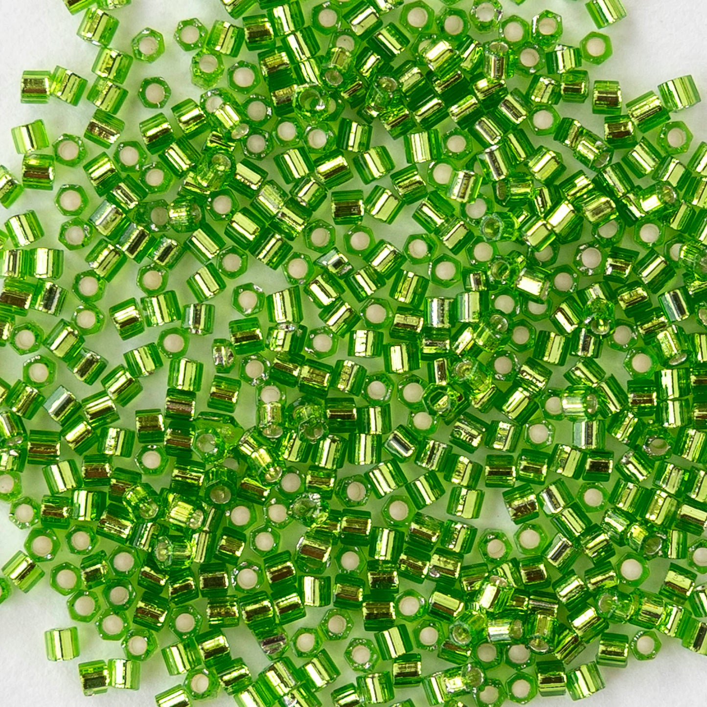 15/0 Glass Hex Cut Seed Beads - Silver Lined Peridot - 10 grams