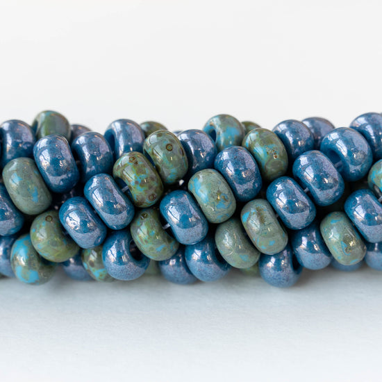 Size 34/0 Large Glass Seed Beads - Aged Blue Turquoise Picasso - 9 inch strand - 35 beads