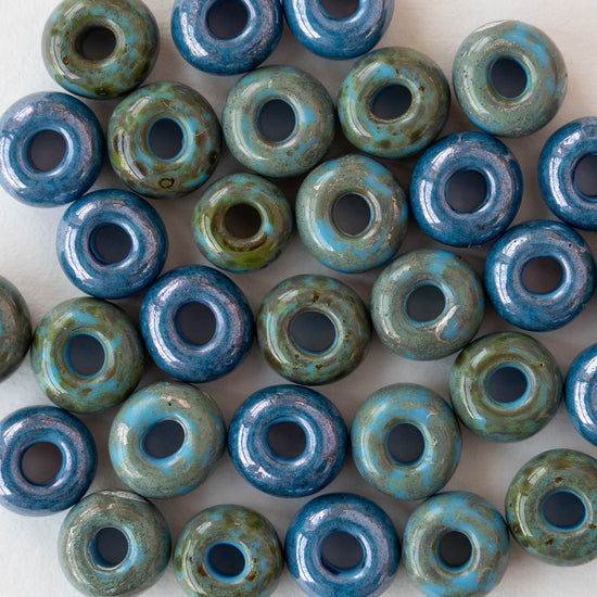 Size 34/0 Large Glass Seed Beads - Aged Blue Turquoise Picasso - 9 inch strand - 35 beads