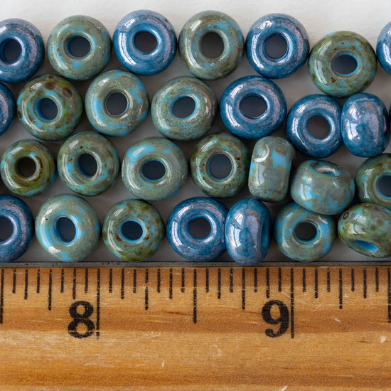 Size 34/0 Large Glass Seed Beads - Aged Blue Turquoise Picasso - 9 inch strand - 35 beads