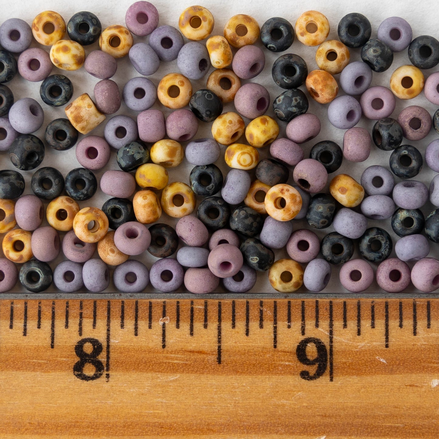 6 Aged Seed Bead Mix - Matte Lavender, Black and Ivory Picasso - 20 inches