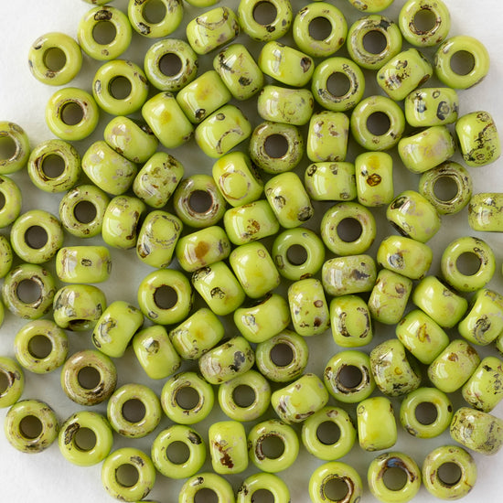 Size 6/0 Glass Seed Beads - Opaque Green Picasso - 10 grams ~135 beads