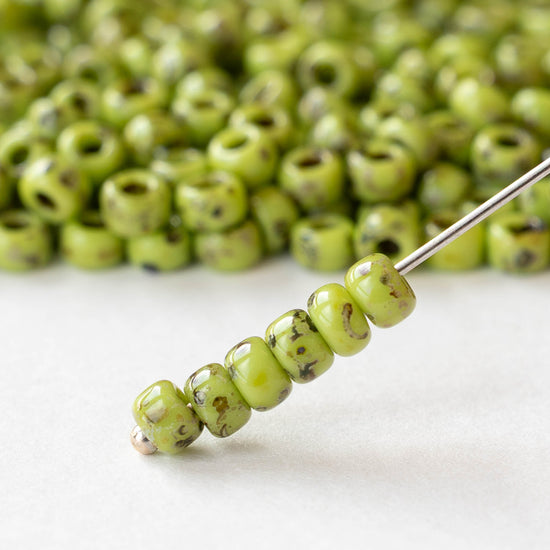 Size 6/0 Glass Seed Beads - Opaque Green Picasso - 10 grams ~135 beads