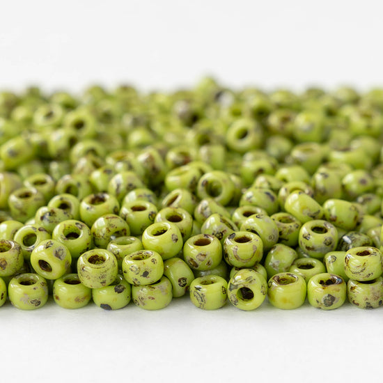 Size 6/0 Glass Seed Beads - Opaque Green Picasso - 10 grams ~135 beads