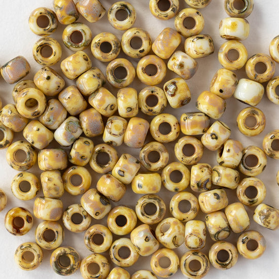 Size 6/0 Glass Seed Beads - Opaque Ivory Picasso - 10 grams ~135 beads
