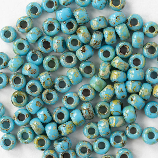 Size 6/0 Glass Seed Beads - Opaque  Blue Turquoise Picasso - 10 grams