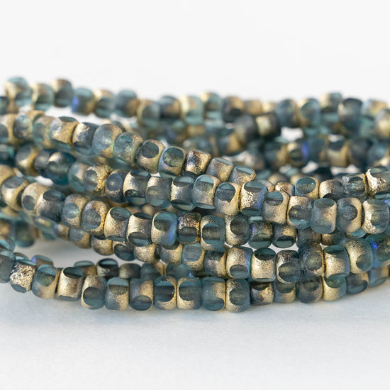 6/0 Tri-cut Seed Beads - Light Blue with an Etched Gold Finish - 50