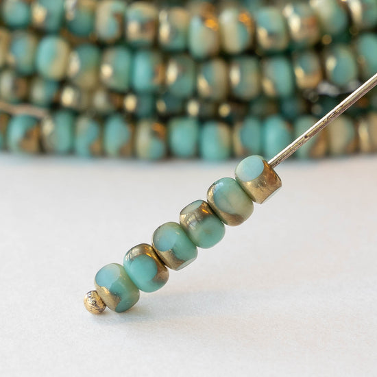 6/0 Tri-cut Seed Beads - Opaque Turquoise with Gold Finish - 50 Beads