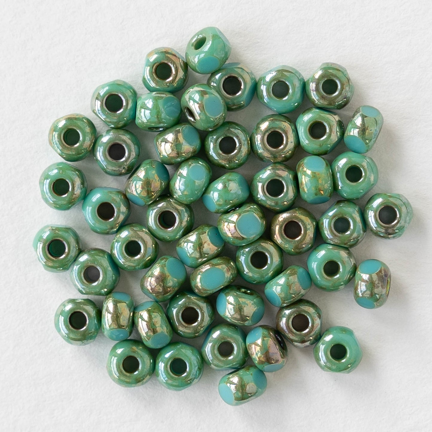 6/0 Tri-cut Seed Beads - Opaque Turquoise with Etched Gold Finish - 50 Beads