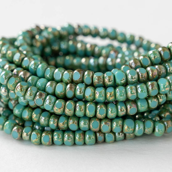 6/0 Tri-cut Seed Beads - Opaque Turquoise with Etched Gold Finish - 50 Beads