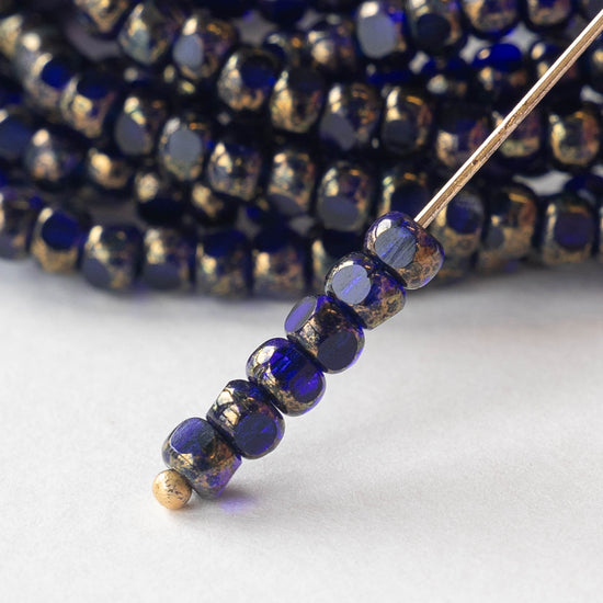 Size 6 Tri-cut Beads -  Cobalt Blue with Gold - 50 beads