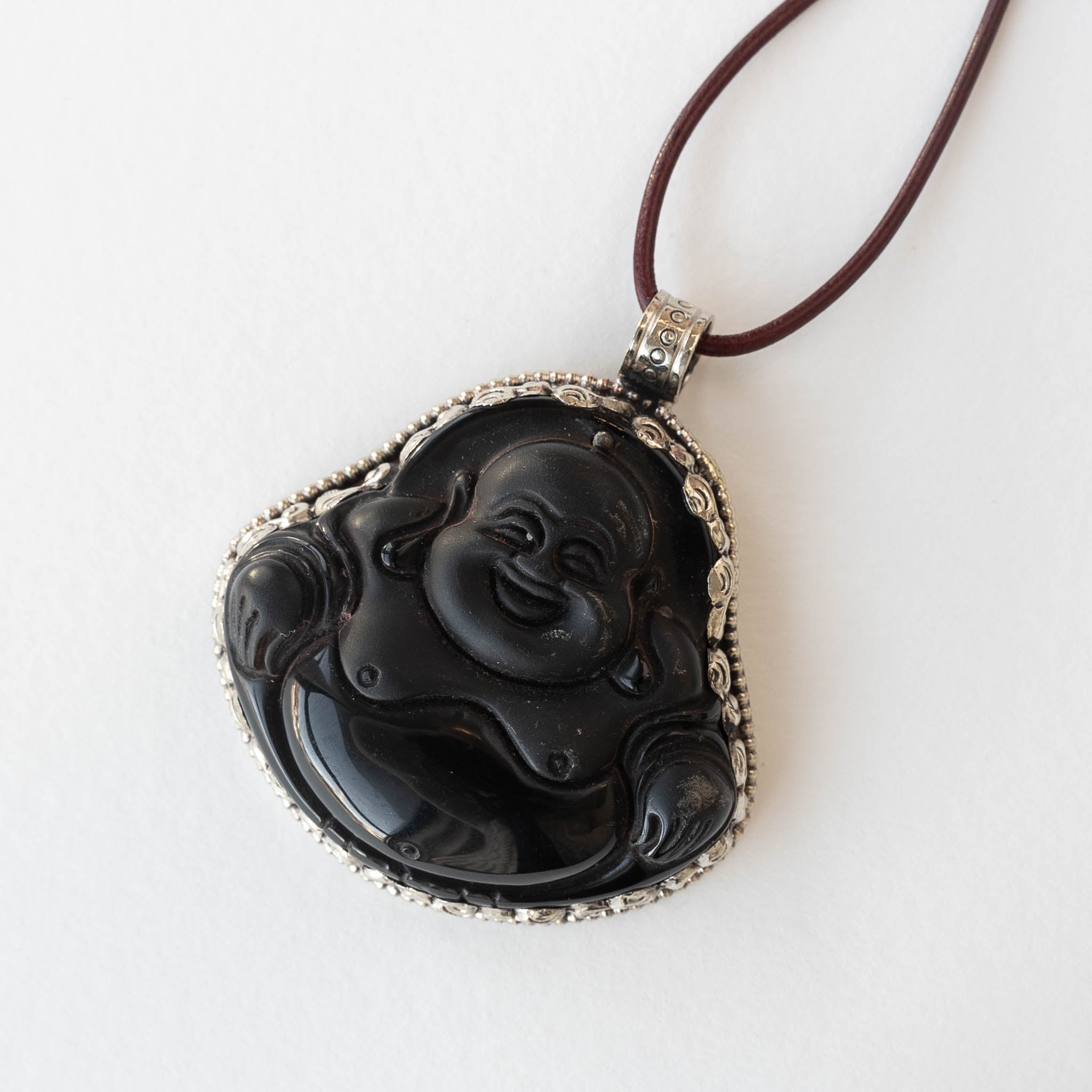51mm Smiling Buddha Pendant - Black Matte Obsidian - 1 piece