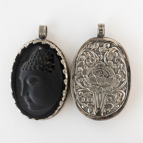 62mm Peaceful Buddha Pendant - Black Matte Obsidian set in Tibetan Silver - 1 piece