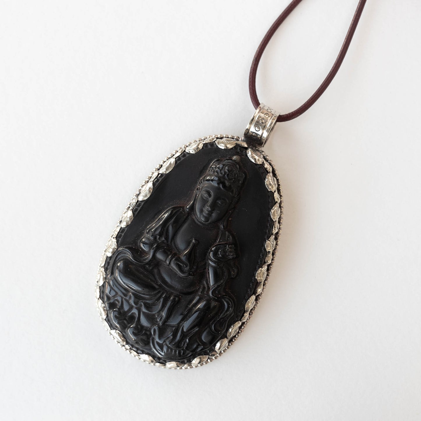 65mm Sitting Buddha Pendant - Black Matte Obsidian set in Tibetan Silver - 1 piece
