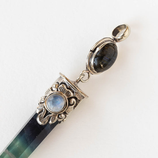 110mm Fluorite Point set in Tibetan Silver with Moonstone and Labradorite  - 1 piece
