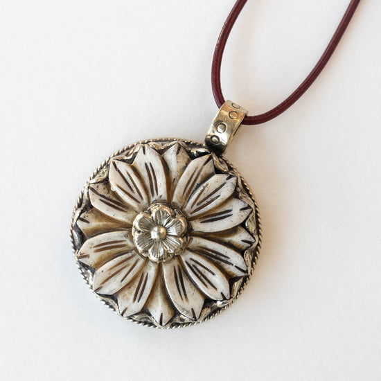 39mm Carved Flower Pendant set in Tibetan Silver - 1 piece