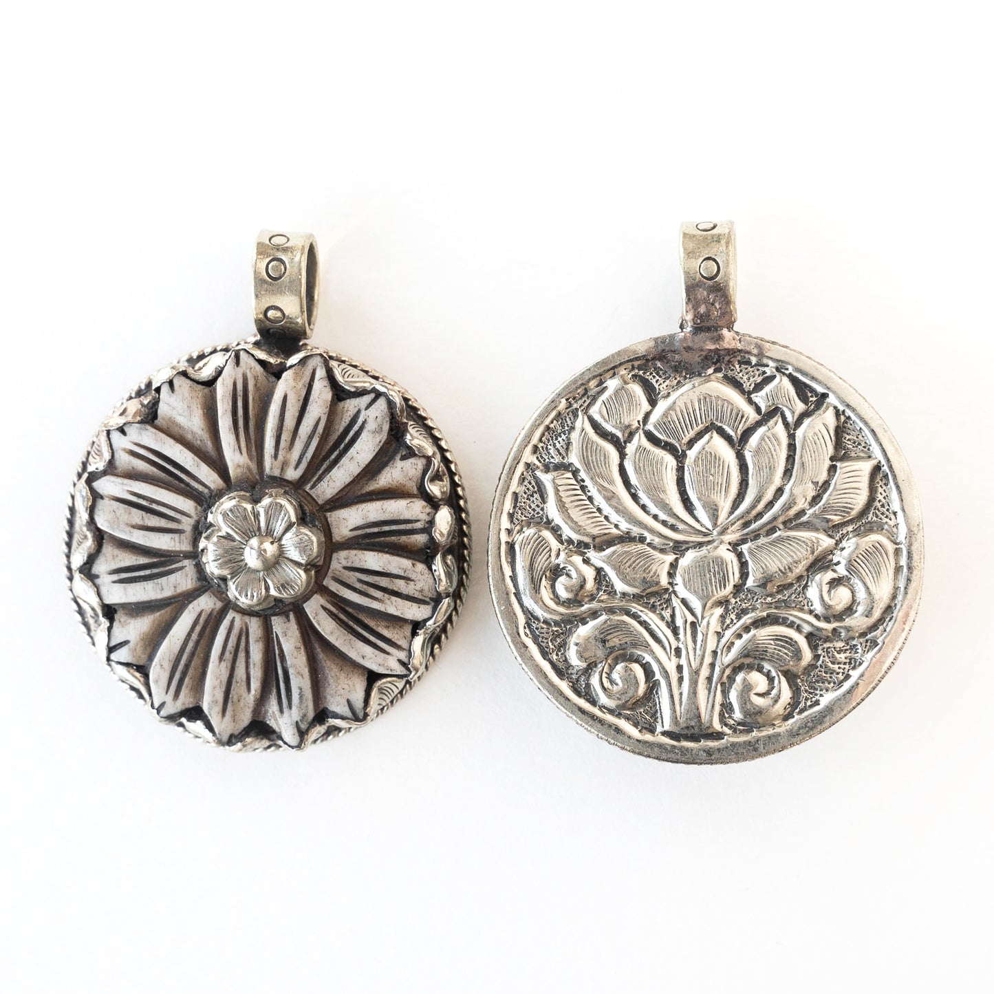 39mm Carved Flower Pendant set in Tibetan Silver - 1 piece