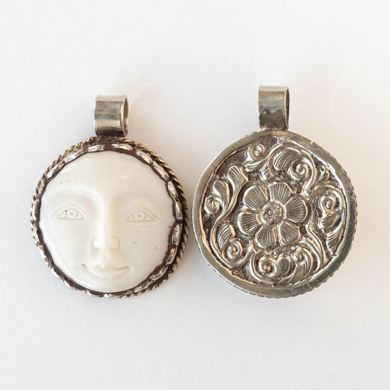34mm Carved Moon Pendant set In Tibetan Silver - 1 piece