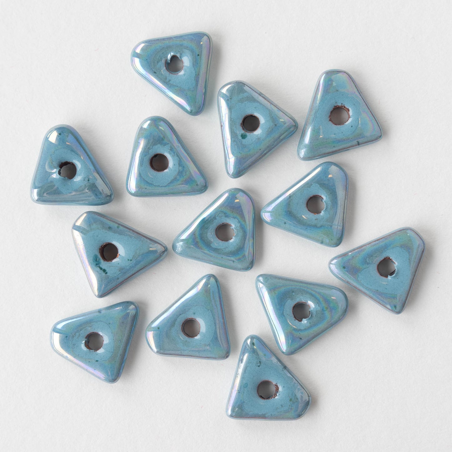 12-13mm Glazed Ceramic Triangle Beads - Iridescent Light Blue  - 10 or 30