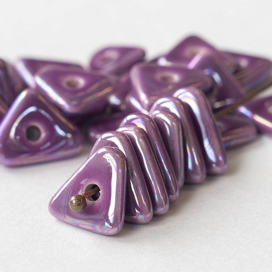 12-13mm Glazed Ceramic Triangle Beads - Iridescent Purple Passion - 10 or 30