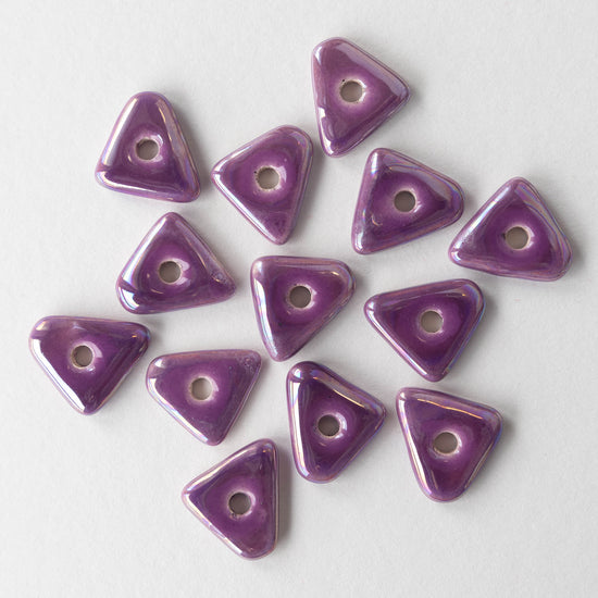 12-13mm Glazed Ceramic Triangle Beads - Iridescent Purple Passion - 10 or 30