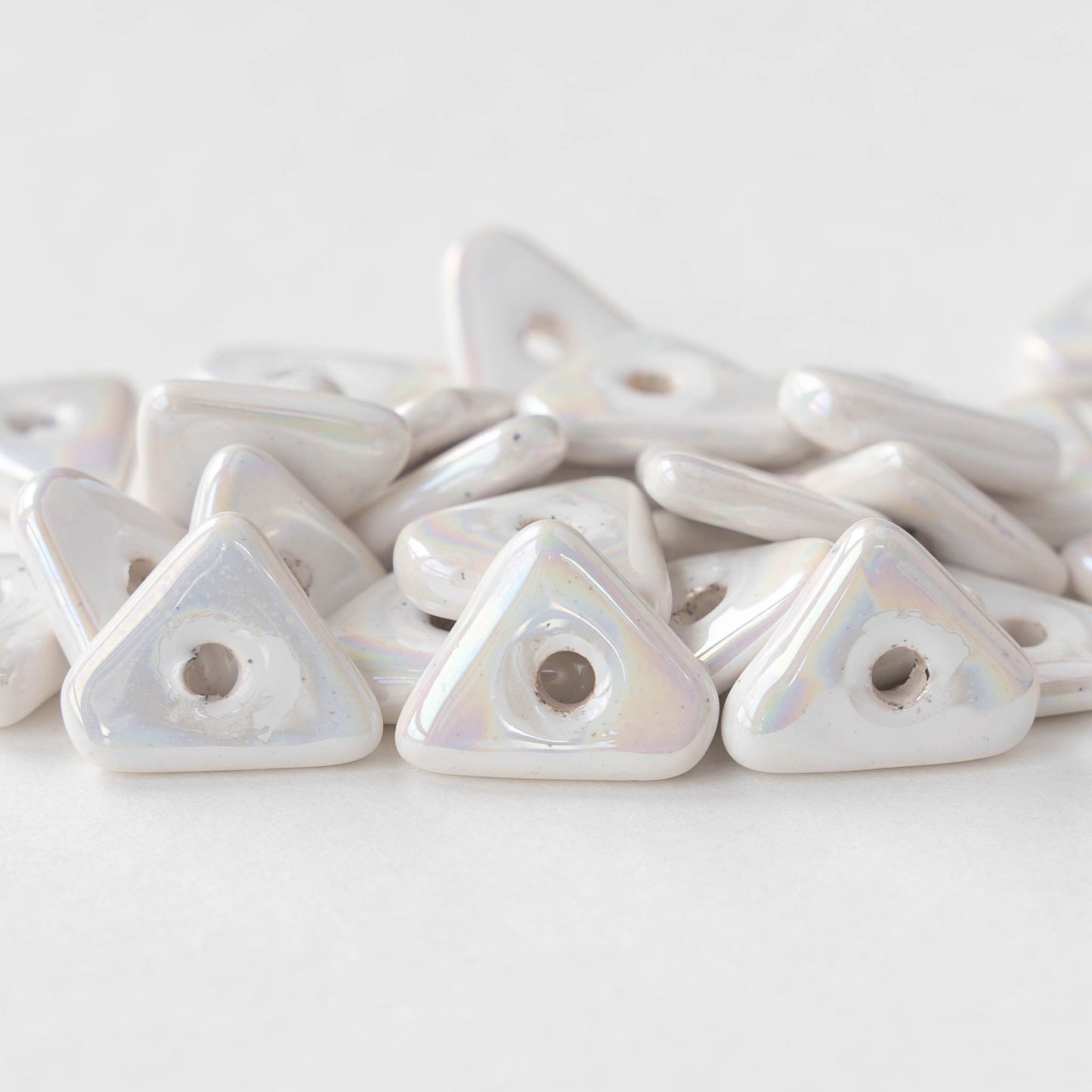 12-13mm Glazed Ceramic Triangle Beads - Ivory Opal Luster - 10 or 30