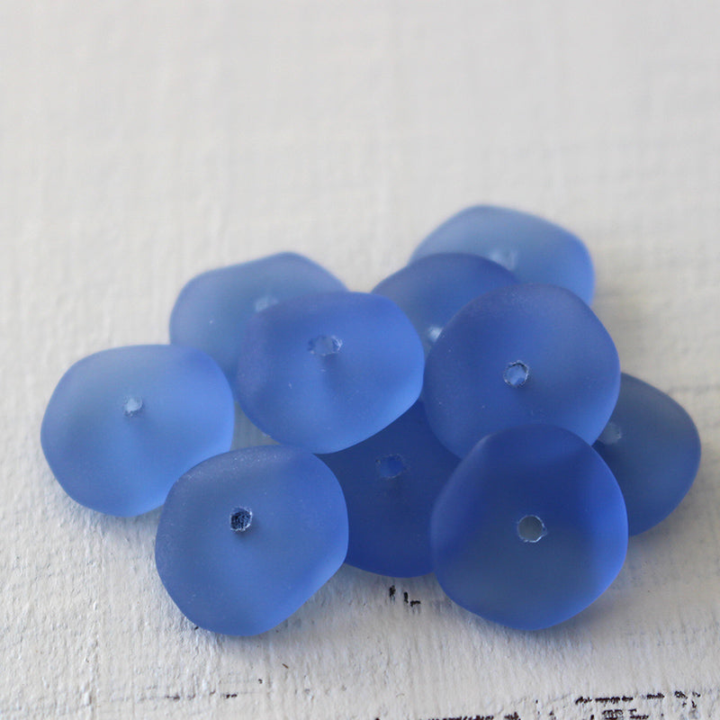 14mm Frosted Wavy Glass Rondelle - Sapphire Blue  - 10 Beads