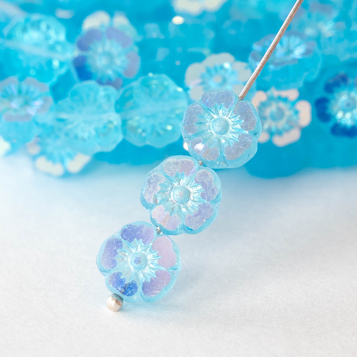 9mm Flower Beads - Light Aqua - 16 Beads