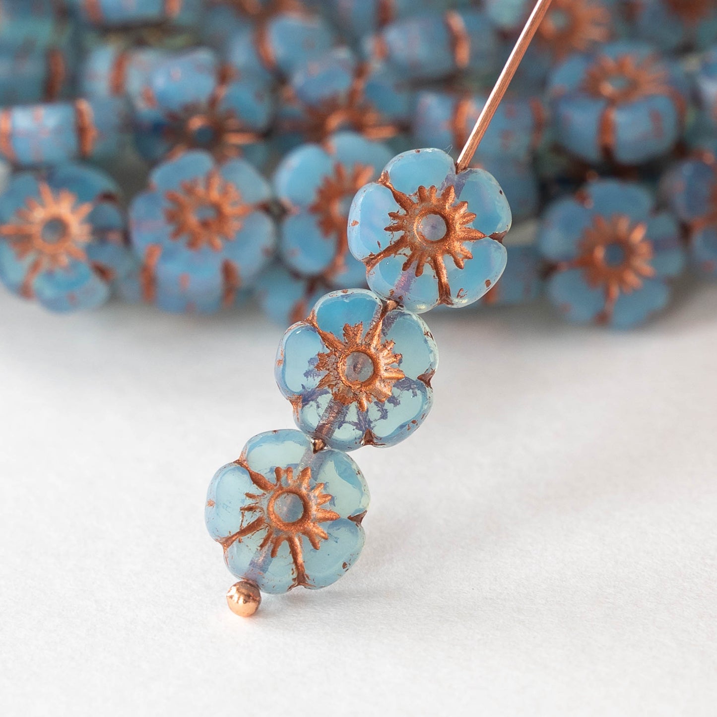 9mm Glass Flower Beads - Dusty Blue with Copper Wash - 16 beads