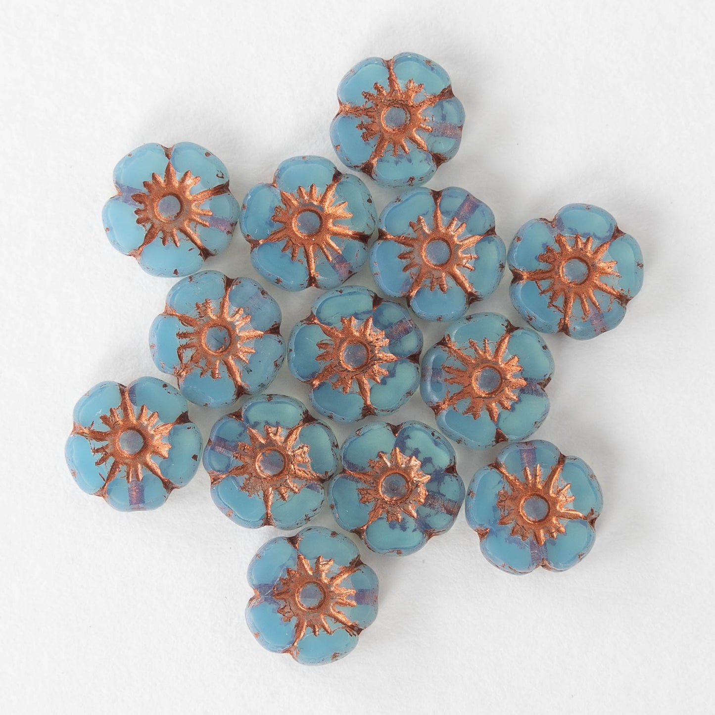 9mm Glass Flower Beads - Dusty Blue with Copper Wash - 16 beads
