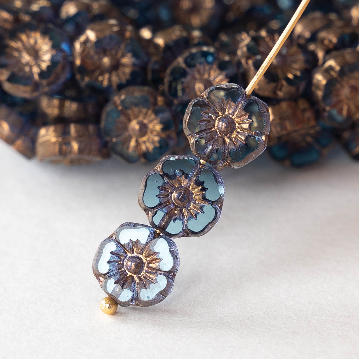 9mm Glass Flower Beads - Pale Blue with Copper Wash - 16 beads