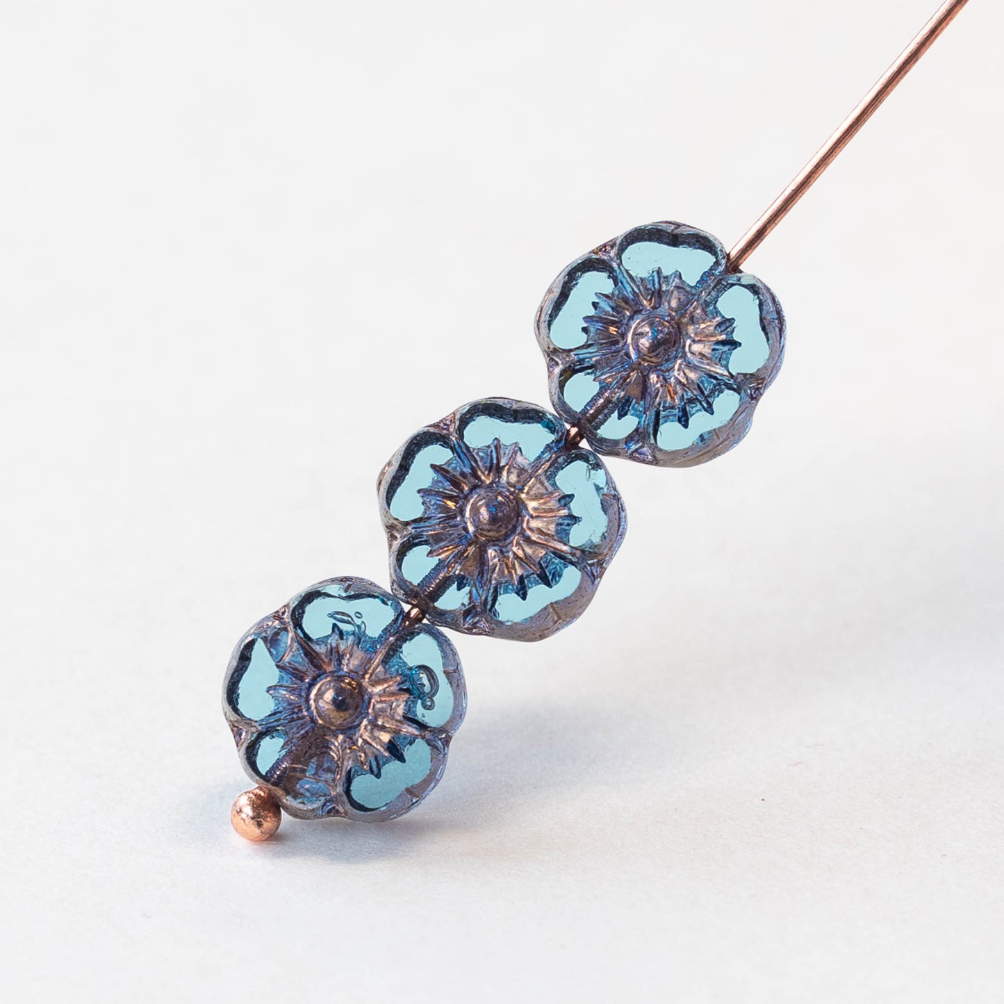 9mm Glass Flower Beads - Pale Blue with Copper Wash - 16 beads