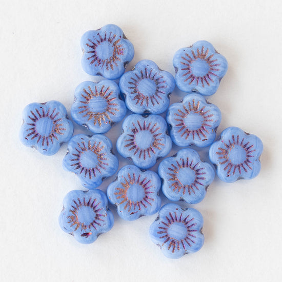 10mm Glass Flower Beads - Cornflower Blue with Iris Wash - 20 beads