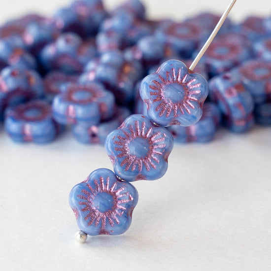 10mm Glass Flower Beads - Periwinkle with Pink Wash - 20 beads