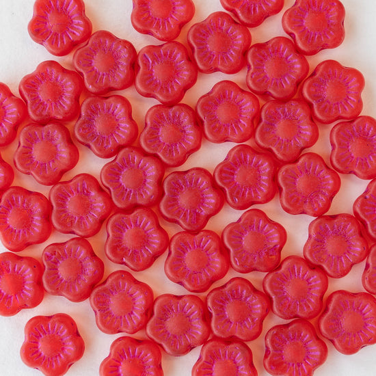 10mm Glass Flower Beads - Red with Pink Wash - 20 beads