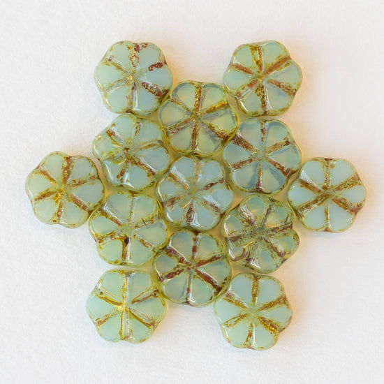 9mm Flower Beads -  Seafoam Opaline Picasso - 15 Beads